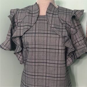 NWOT Anthropologie Sugar Lips Gray Houndstooth Plaid Ruffle Sleeve Top Blouse